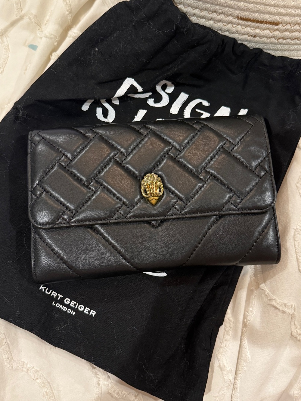 NWOT Kurt Geiger Black Quilted Leather Wallet Clutch